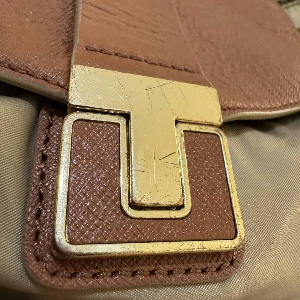 Tory Burch Penn Backpack Tan Nylon Brown PU Leather Pockets Handbag Purse